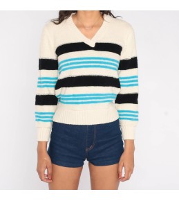 Ivory V-Neck Striped Knit...
