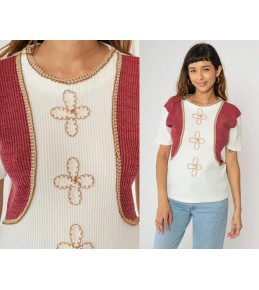 White Ribbed Knit Tee with...