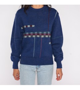 Navy Grid-Pattern Knit Sweater