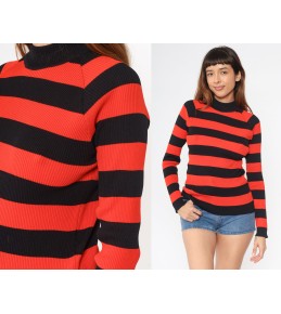 Red Black Stripe Mock Neck...